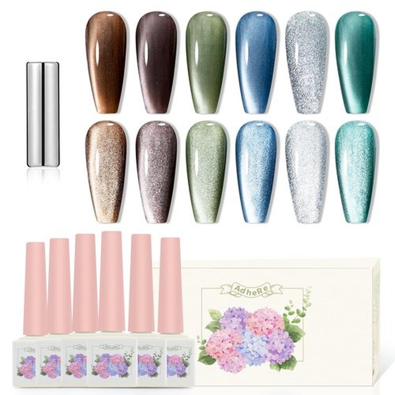 ADHERE Magnetic Gel Nail Polish 12ML - 6 Colors Cat Eye Gel Nail Polish Kit with Magnetic Stick High Glossy Shine Effect Nail Art Manicure Home DIY for Women Girl (With Magnet As Gift)