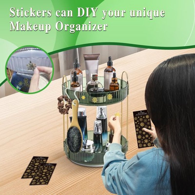 Makeup Organizer for Vanity,Large Skincare Make Up Storage 360° Rotating Perfume Organizers Cosmetic Dresser Organizer Countertop Organizer with Extra Hooks DIY Stickers for Bathroom