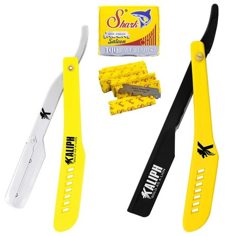 Kaliph Professional Straight Razor For Men - Premium Pack of 2 Straight Edge Barber Razor With 100 Blades - Smooth Shaving Mens Manual Cut Throat Shaver Safety Kit (Yellow)