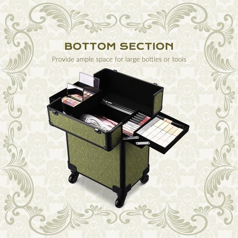BYOOTIQUE Rolling Makeup Train Case Cosmetic Case Portable Makeup Organizer Suitcase with Removable Wheels Cosmetic Trolley Organizer Makeup Artist Salon, Rococo Moss