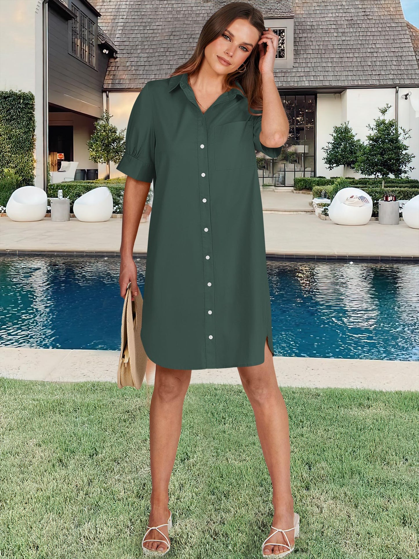 ANRABESS Womens Button Down Shirt Dress Summer Short Sleeve Business Casual Shift Dresses with Pockets 2026 Trendy Army Green Small