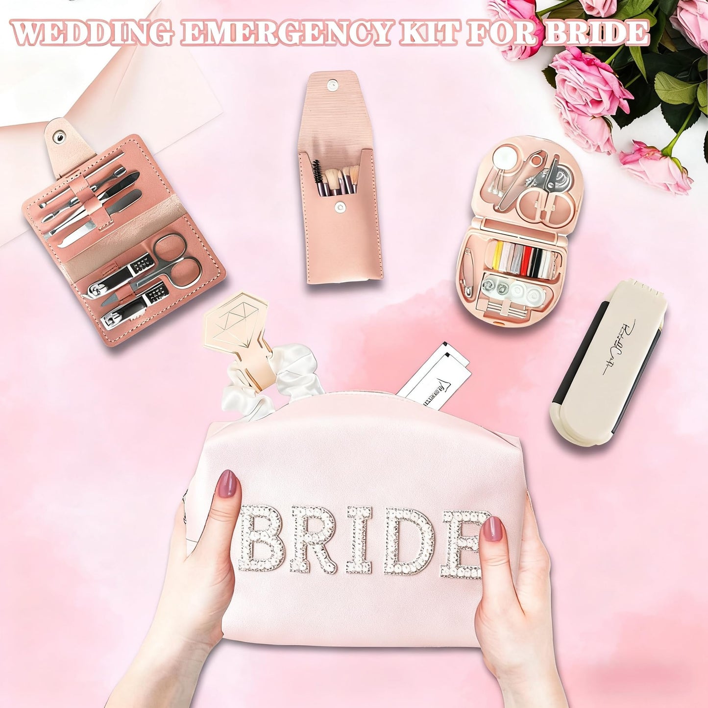 Wedding Day Emergency Kit for Bride, Bridal Emergency Kit for Wedding Day Items, Wedding Day Essential Supplies with Makeup Bag for Bride