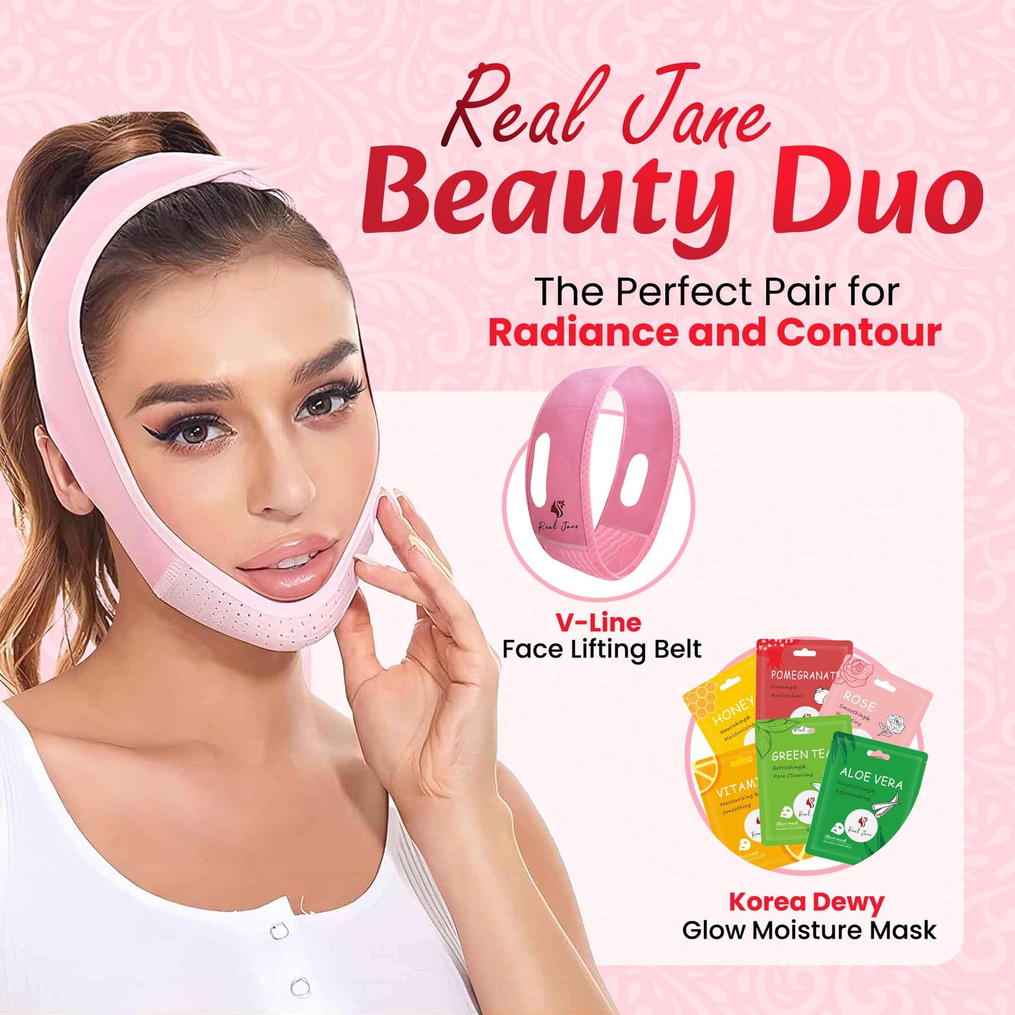 REAL JANE V Line Lifting Mask Set – Face Slimming Chin Strap for Sleeping, Jawline Shaper & Double Chin Reducer, Neck Tightening Face Lift Belt with 6 Hydrating Face Masks for Women