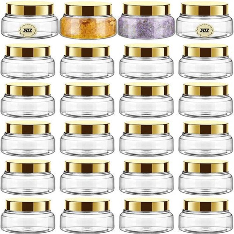 Tessco 24 Pack Plastic Jars with Lids Labels Plastic Containers Round Refillable Cosmetic Containers Empty Body Butter Jars Sugar Scrub Containers for Cosmetics (Gold,5 oz)