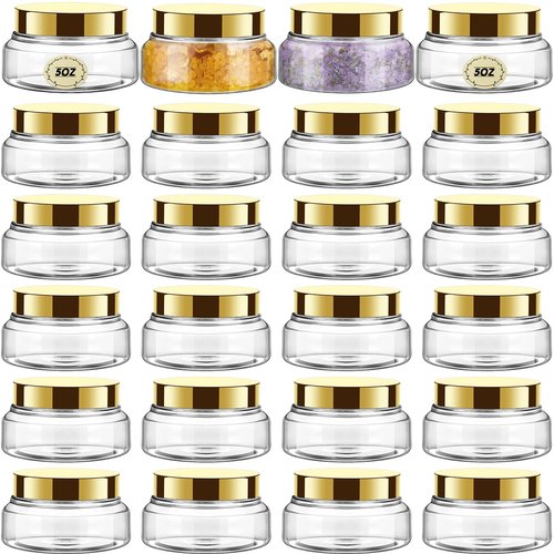 Tessco 24 Pack Plastic Jars with Lids Labels Plastic Containers Round Refillable Cosmetic Containers Empty Body Butter Jars Sugar Scrub Containers for Cosmetics (Gold,5 oz)
