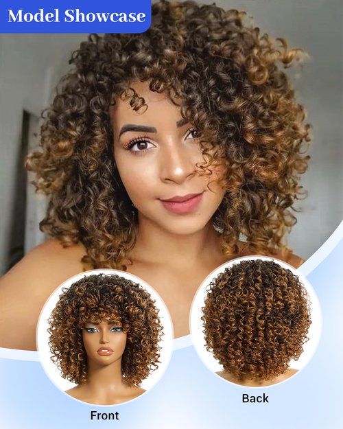 Marshey Afro Curly Wigs with Bangs for Black Women Kinky Curly Synthetic Hair Heat Resistant 12 Inch Short Ginger Wig for Daily Party (Ombre Brown)