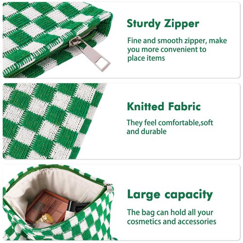 ZLFSRQ 2Pcs Checkered Makeup Bag for Women Large Cosmetic Bag Set Travel Toiletry Bag Makeup Pouch Bag for Purse Green Zipper Storage Bag Organizer Cute Small Aesthetic Girls Car Essentials Bag