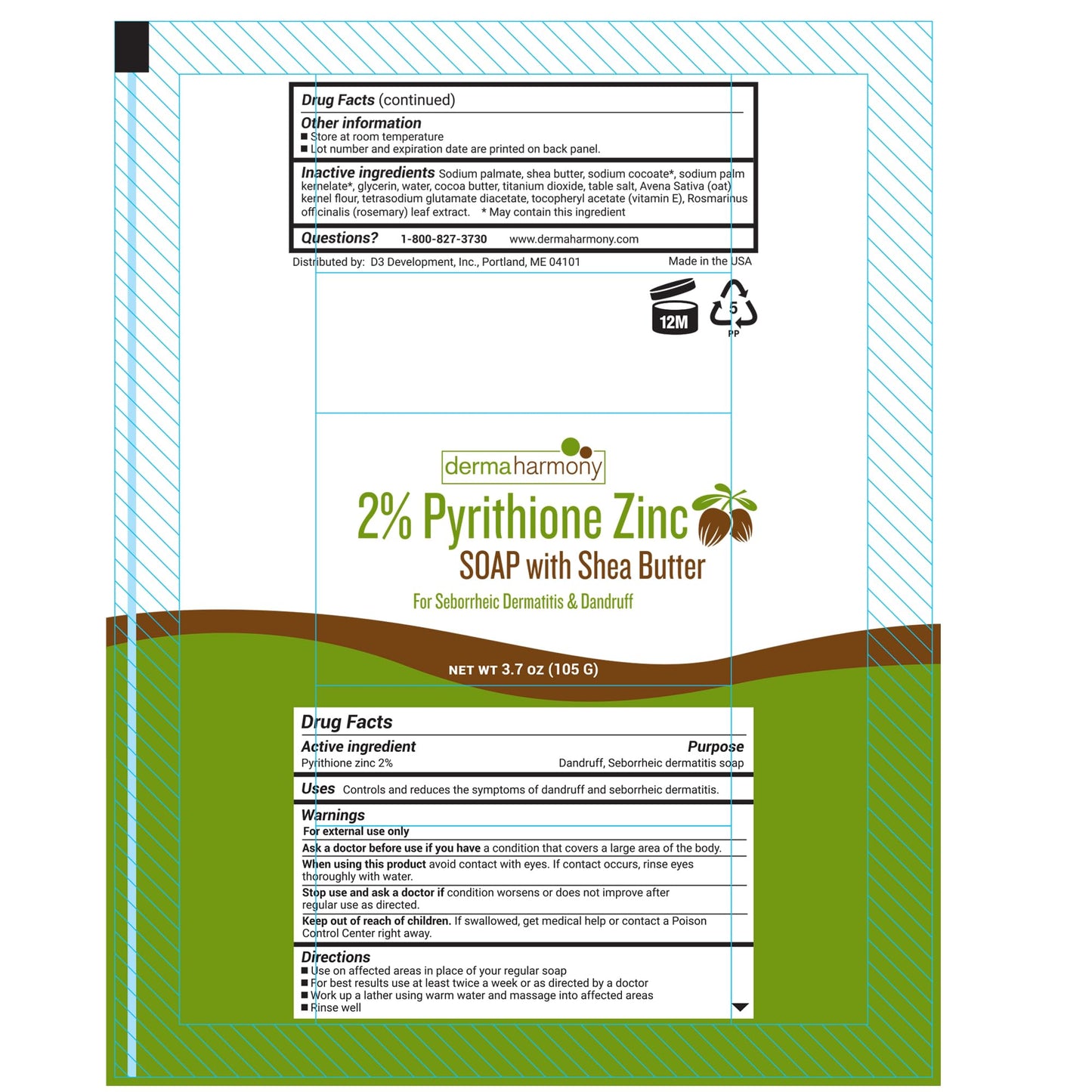 Dermaharmony 2% Zinc Pyrithione (ZNP BAR) Shea Butter Soap 3.7 oz Bars - Five Pack for Seborrheic Dermatitis, Dandruff, Psoriasis, Eczema, etc.
