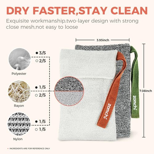 ZOMCHI 2 Pieces Different Roughness Soap Pouch and Soap Saver Pocket for Use in Shower, Body Scrubber Shower Sponge, Premium Exfoliating Soap Bag