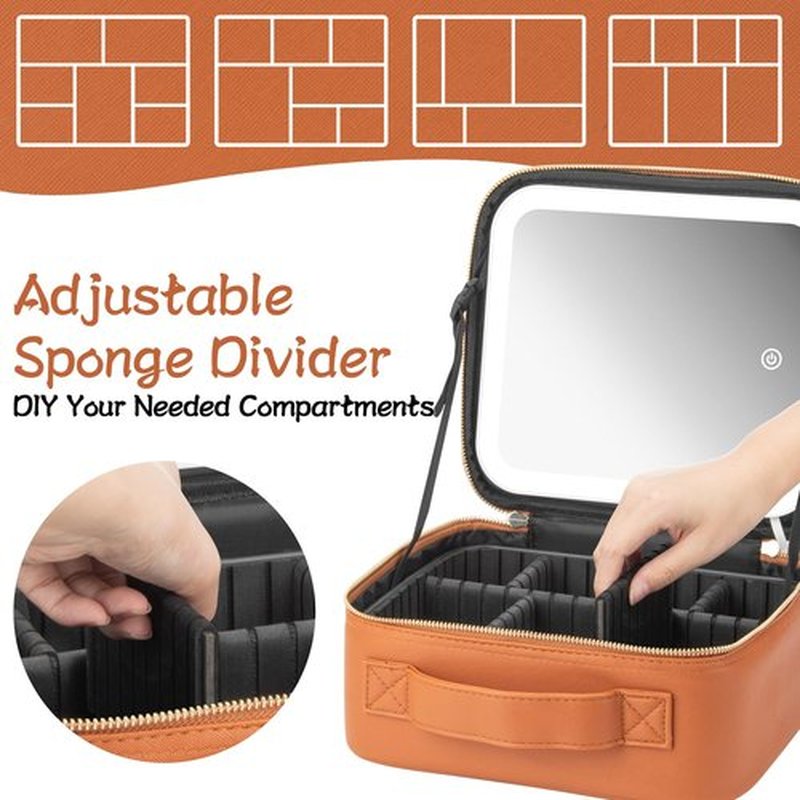 Extrei Gent Makeup Travel Train Case with Mirror LED Light 3 Adjustable Brightness Cosmetic Bag Portable Storage Adjustable Partition Waterproof Makeup Brushes Makeup Jewelry Gift for Women (Brown)