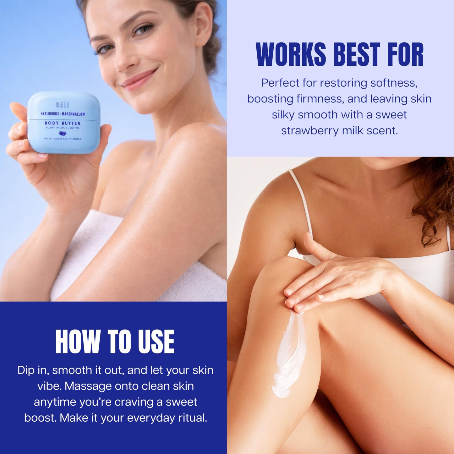 Baere Hyaluronic Acid Body Butter With Marshmallow - Dermatologist Tested, Anti Aging, Korean Skin Care - Deep Hydration, Smoother, Plumper, Dewy Skin - Vegan, Clean Beauty - 7.05 Oz