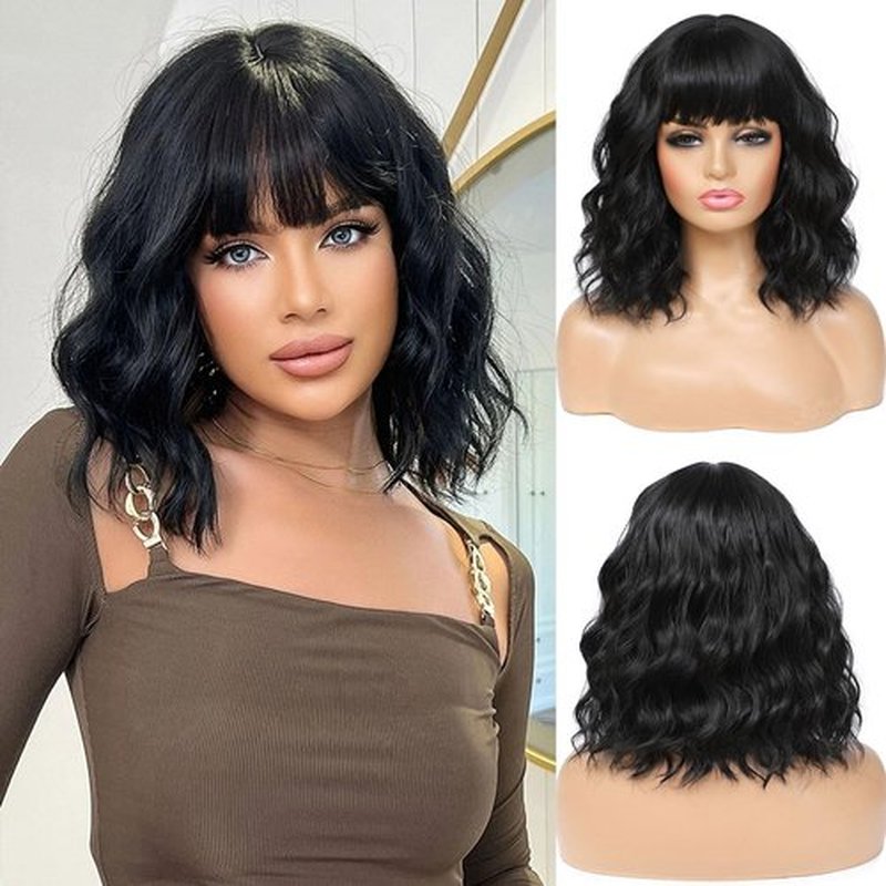 Amarlis Short Black Wigs for Women, 14 Inch Bob Curly Wig with Bangs, Natural Looking Heat Resistant Synthetic Fiber Bob Wigs for Cosplay Daily Party Use