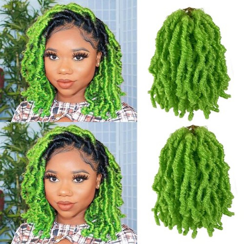 Green Soft Locs 8 Inch New Faux Locs Crochet Hair 6 Packs for Kids, Curly Wavy Pre-looped Short Goddess Locs Crochet Hair Extensions Natural Wave Braids for Black Women(8Inch, 6Packs)