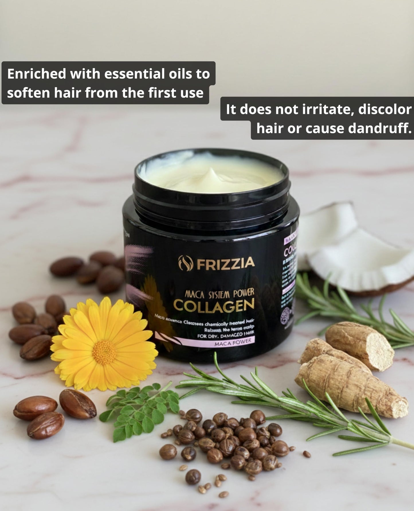 Frizzia ULTRA Collagen Hair Mask, EASY to use. With argan oil and maca. Hydration and shine, anti-frizz treatment for dry and damaged hair, professional smoothness, 500 ml