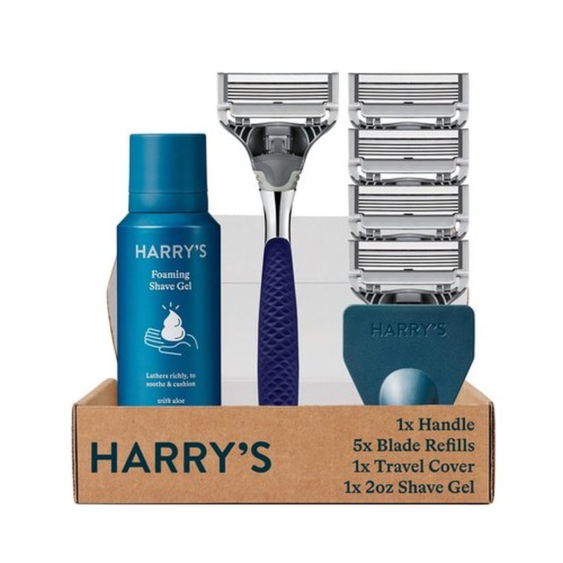 Harry's Razors for Men, 1 Handle (Chrome Edition) and 4 Razor Blade Refills with German Engineered 5-Blade Technology, 2 oz. Foaming Shave Gel, Travel Blade Cover- Holiday Gift for Men