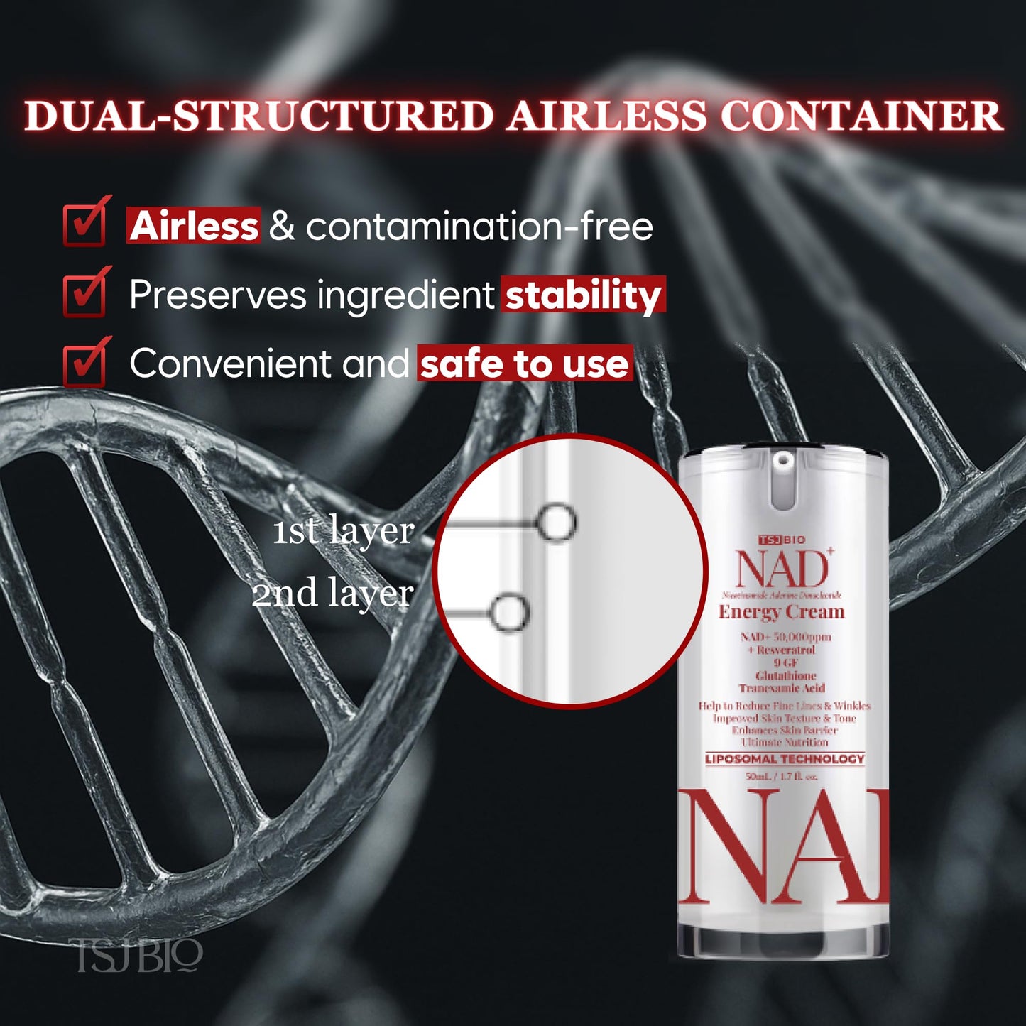 TSJ Bio NAD+ Energy Revitalizing Cream - Premium Daily Moisturizer with NAD+ 50,000PPM, Resveratrol & 9 Growth Factor Complex