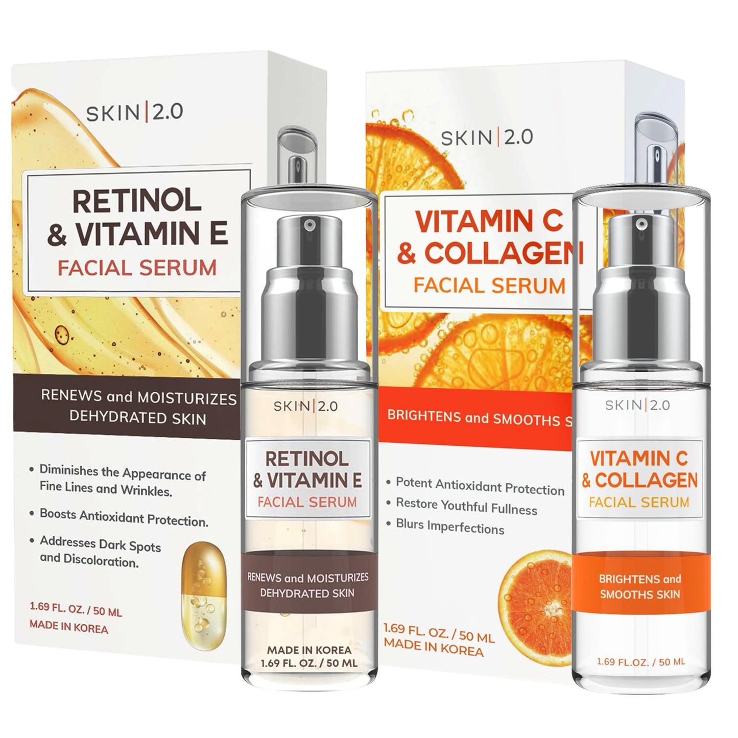Skin 2.0 Retinol & Vitamin E + Collagen & Vitamin C Serum For Face – Dermatologist Tested, Anti Aging, Korean Skin Care – Smooths Lines, Firms, Hydrates, Revitalizes – Vegan, Clean Beauty – Pack of 2
