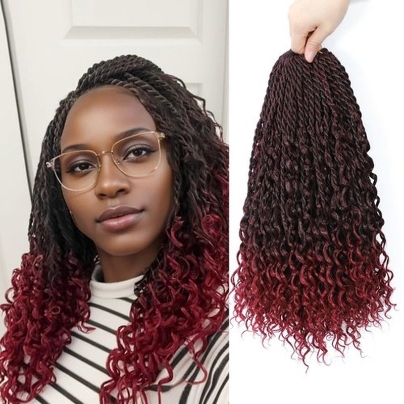 Goddess Twist Braids Crochet Hair With Curly Ends Senegalese Twist Braids Crochet Braids 6 Packs ombre black Burgundy Crochet Synthetic Braiding Hair Extension for Black Women (14inch, Tbug)