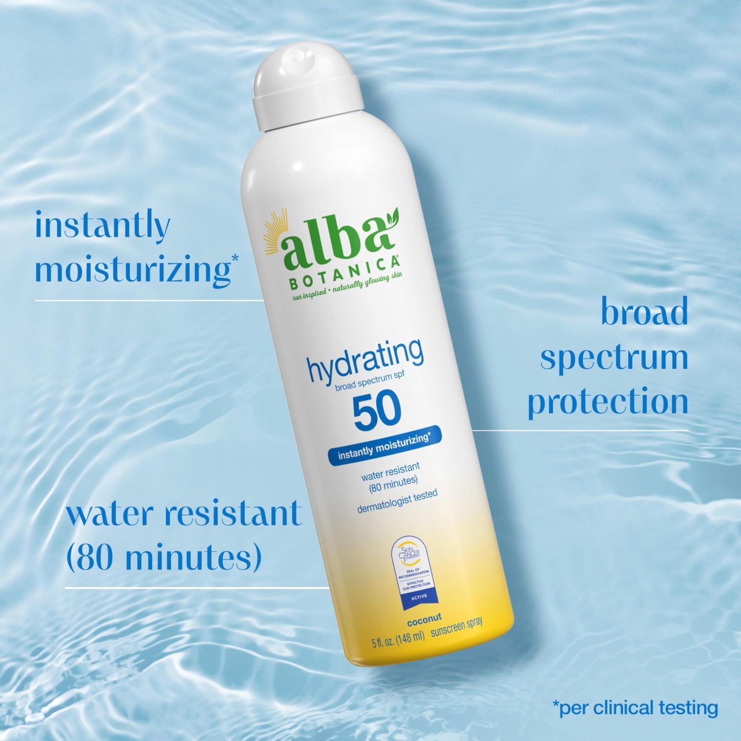 Alba Botanica Hydrating Sunscreen Spray, SPF 50 Broad Spectrum Protection, Instantly Moisturizing, Water Resistant (80 minutes), Hypoallergenic, Oxybenzone-Free, 5 Fl. Oz