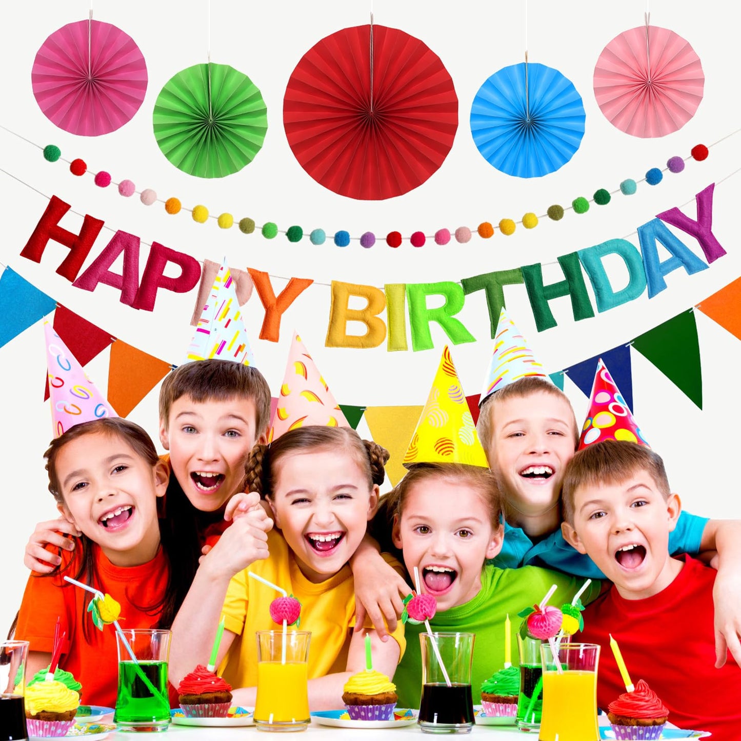 Danadia Rainbow 3D Happy Birthday Banner, Pre-Strung Felt Party Decorations