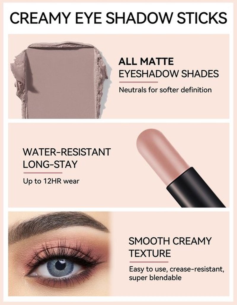 Erinde Waterproof Cream Eyeshadow Stick, Matte Nude Eye Shadow Sticks, Longwear Blendable High Pigmented, Neutral Eye Shadow Sticks Matte for Older Eyes, Smokey Eyeshadow Pencil Crayon, 11 Rose Pink