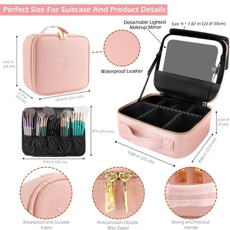 MOMIRA Travel Makeup Bag Cosmetic Bag with Lighted Mirror, Adjustable Brightness in 3 Color Scenarios, Waterproof, 10x Magnifying Mirror, Rotatable Independent Light Mirror- Pink(Solid)