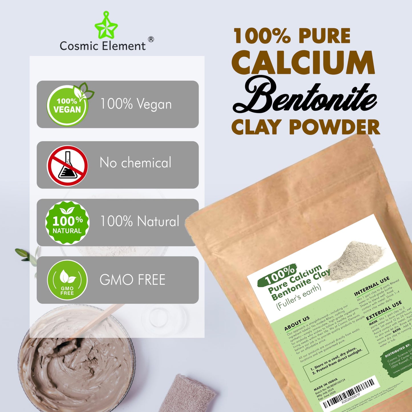 Cosmic Element 100% Pure Calcium Bentonite Clay Powder - Bentonite Clay Food Grade, Vegan, Healing Clay | Skin Care Detox - Deep Pore Cleansing Face & Body Mask for Soft, Smooth, Refreshed Skin | 12oz