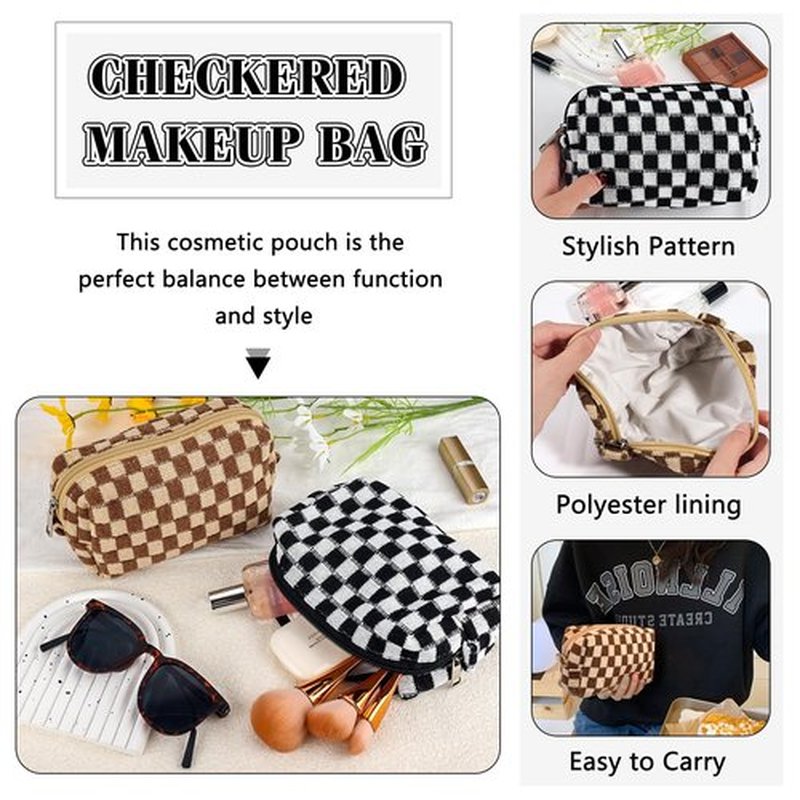 ZLFSRQ 2Pcs Checkered Makeup Bag for Women Medium Travel Cosmetic Bag Makeup Pouch for Purse Zipper Toiletry Bag Organizer Cute Y2K Aesthetic Trendy Adults Makeup Brushes Storage Case(Black/Brown)