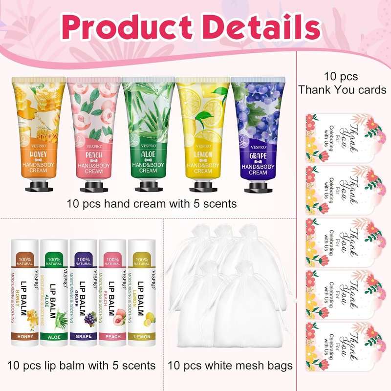 Hand Cream and Lip Balm Set - 10 Pack Gift Set for Moms, Teachers, Nurses | Includes Thank You Cards & Organza Bags