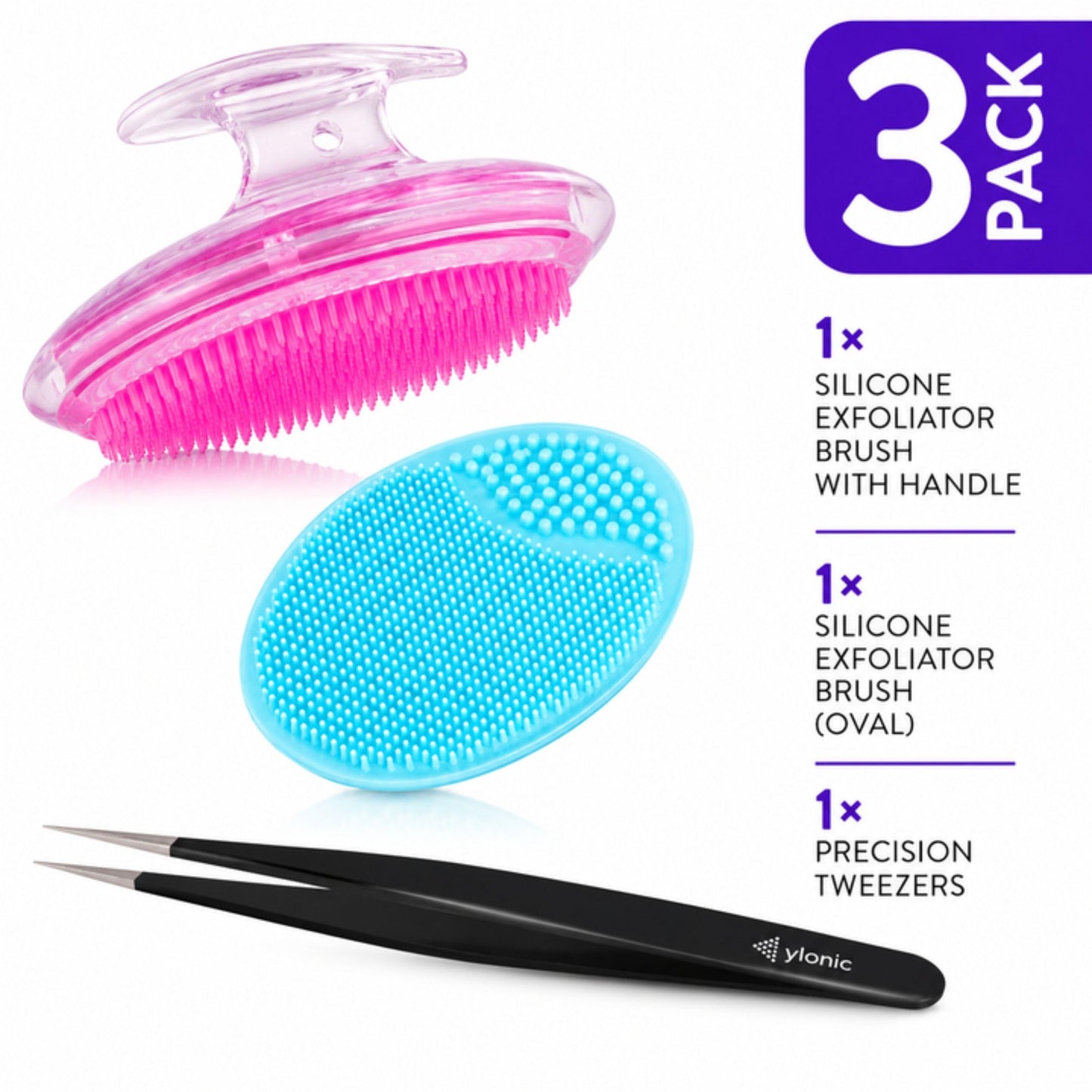 Dylonic 3pk Exfoliating Brush and Precision Tweezers for Ingrown Hair Treatment for Bikini Area, Razor Bumps Shaving Irritation - Silicone Scrubbers Gift Set, Body + Face Skin Exfoliator Brush