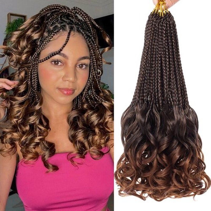 COOKOO 135 Strands 9 PCS French Curly Crochet Braids 14 Inch Pre Looped Ombre Brown Goddess Box Braids Crochet Hair with Curls At The End Bouncy French Curls Synthetic Braiding Hair Extensions T30#