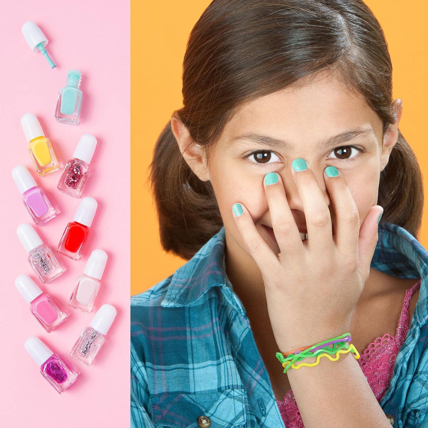 SIMPLE PLEASURES Rainbow Glitter Kids Nail Polish Set for Girls – 14 Water-Based Non -Toxic Nail Art Kit - Gift Set for Ages 7-12