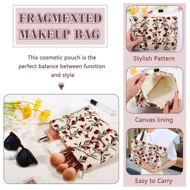 ZLFSRQ Red Flower Makeup Bag Travel Cute Floral Cosmetic Bags for Women Large Floral Makeup Pouch Zipper Cosmetic Pouch for Purse Aesthetic Makeup Organizer Bag Portable Toiletry Bag