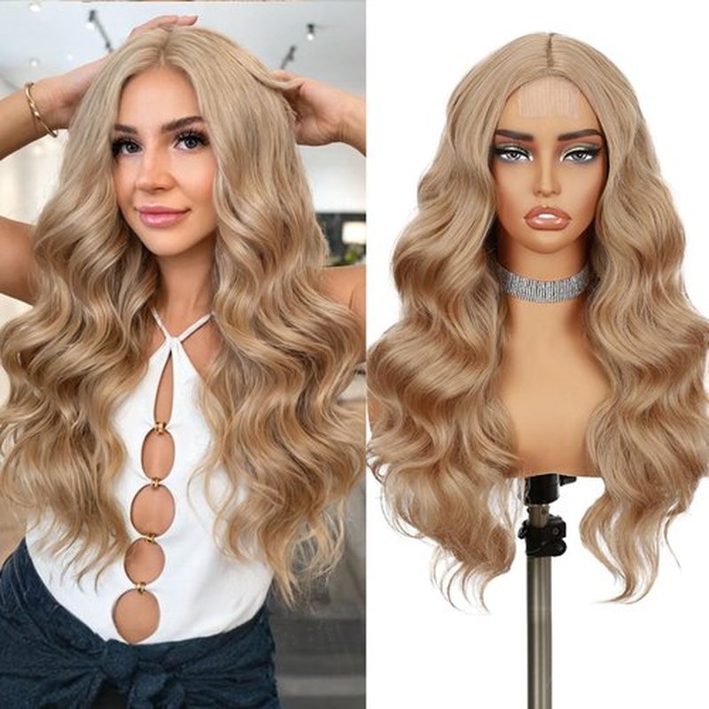 Fancy Hair Blonde Wavy Wigs 28 Inch Long Middle Part Curly Wavy Wig Small Lace Front Mixed Blonde Synthetic Long Wig for Women Cosplay Daily Party Use