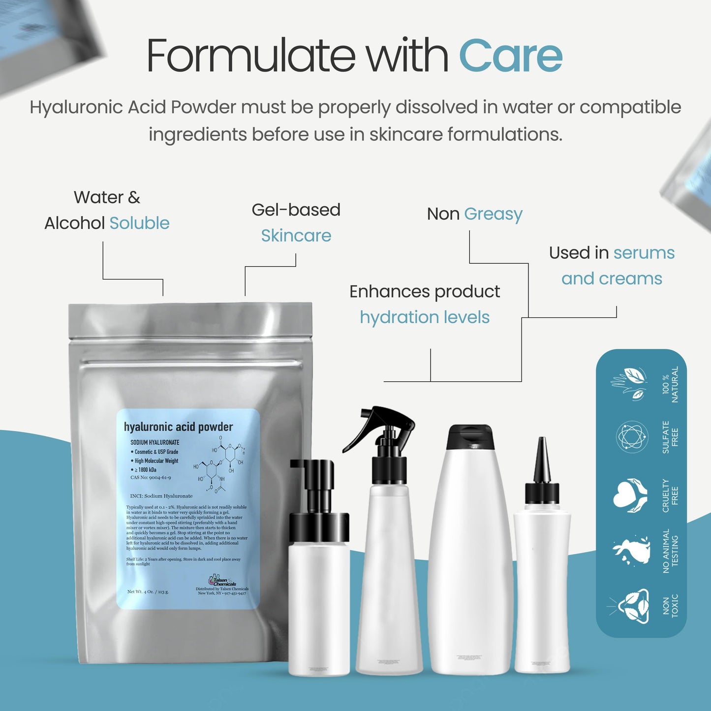 Talsen Chemicals Pure Hyaluronic Acid Powder (1 oz. / 28 grams) 1800 kDa+ Natural Cosmetic Grade, Hyaluronic Acid High Molecular Weight Powder, DIY Serums