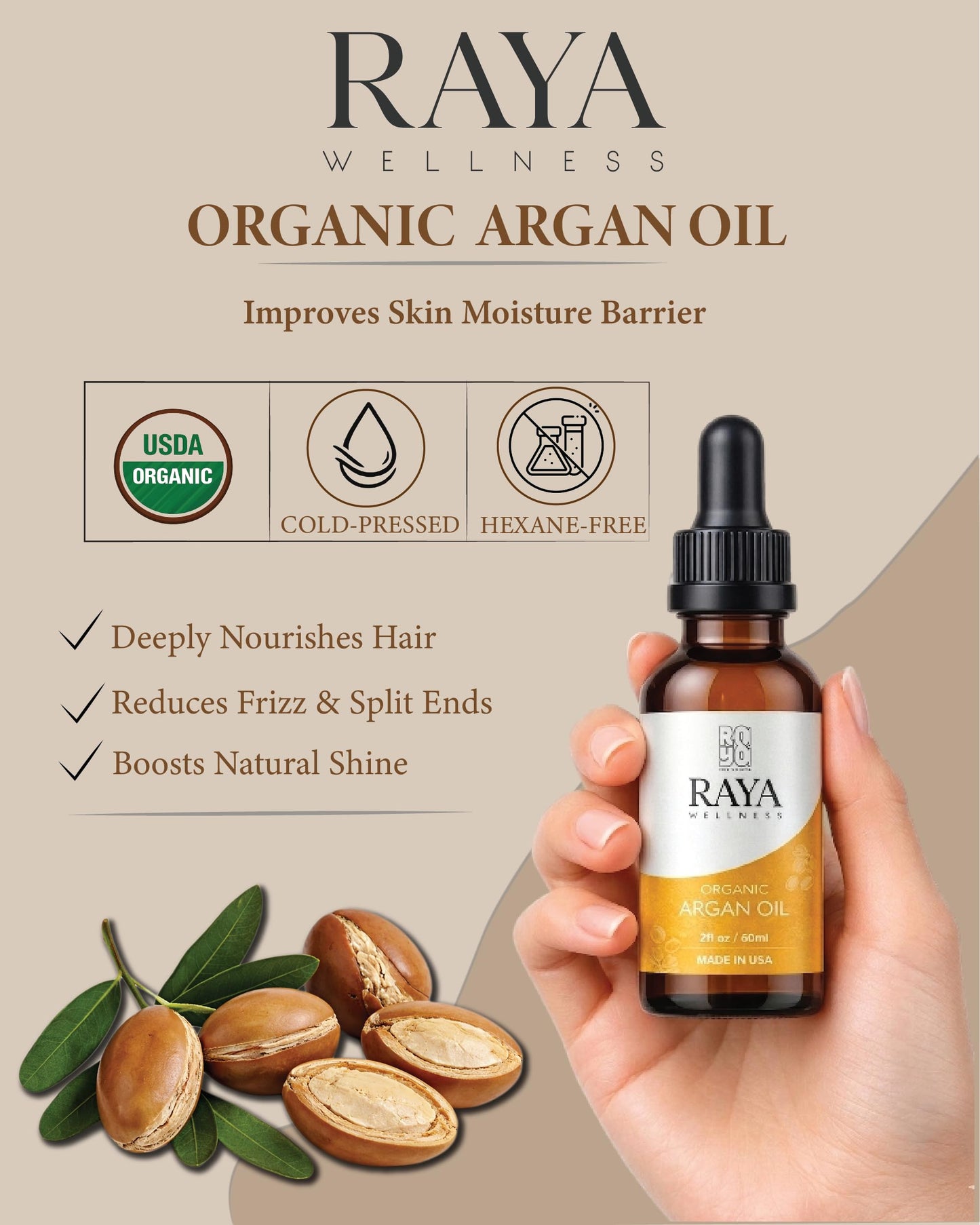 RAYA WELLNESS Organic Argan Oil – 2 fl oz (60 ml) | Cold-Pressed Carrier Oil for Hair & Skin | USDA Organic, Made in USA