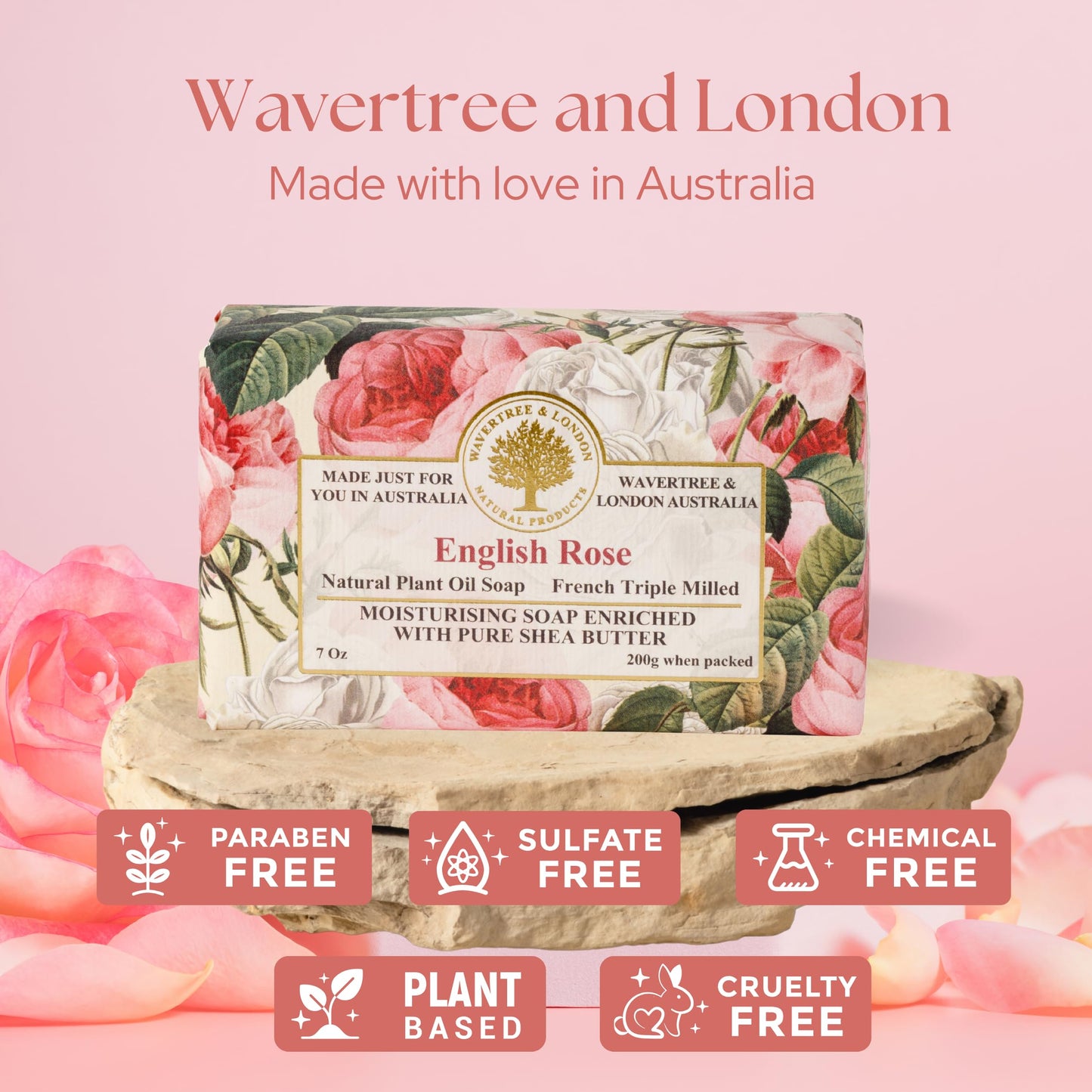 Wavertree & London English Rose Scented Natural Soap Bar, 7oz Moisturizing French Triple Milled Soap Bar for Women & Men Enriched with Organic Shea Butter, Pure Bath & Body Soap (1 Bar)
