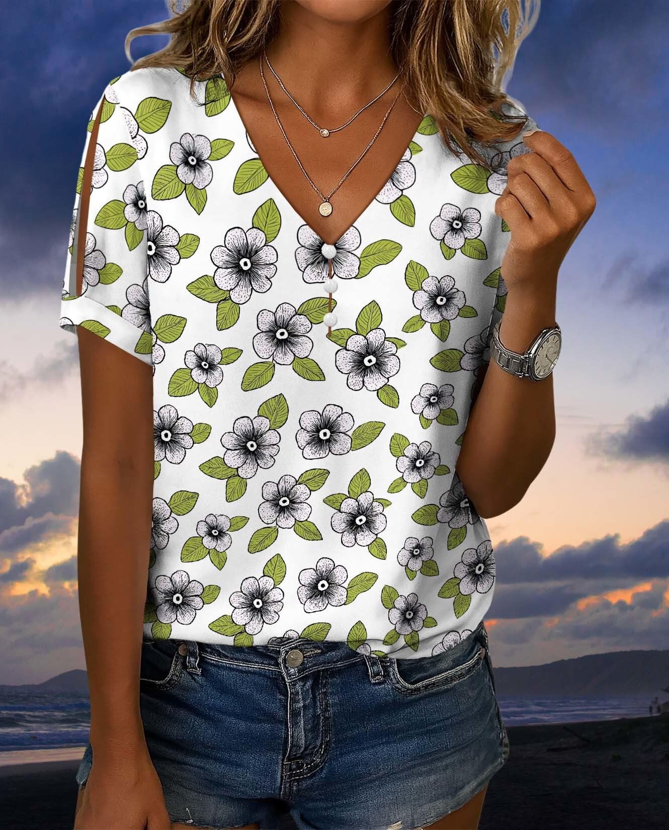 Summer Floral Print Boho Blouses for Women Casual Loose Fit Top Front Button V Neck Tee with Slit Short Sleeves Lightweight Relaxed Shirts