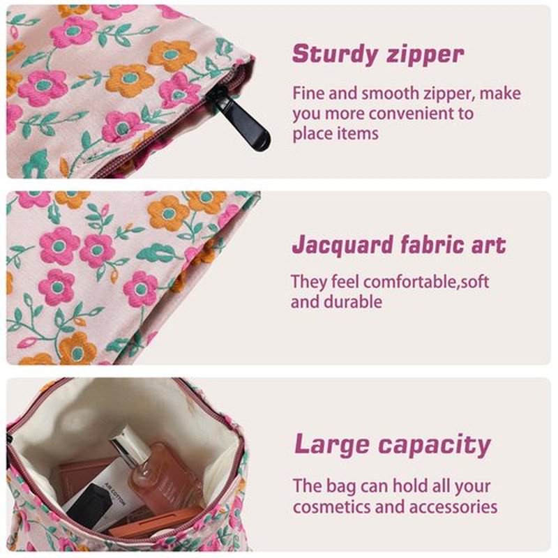 ZLFSRQ Daisy Flower Makeup Bag Travel Cute Floral Cosmetic Bags for Women Large Makeup Pouch Zipper Cosmetic Pouch for Purse Aesthetic Makeup Organizer Bag Portable Toiletry Bag (Orange and Pink)