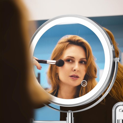Rocollos Two-Fingers-Width Narrow Base Rechargeable Wall Mounted Lighted Makeup Mirror,3 Color Lights Dimmable Touch Screen,8 Inch LED Double Sided 1X/10X Mirror (Polishing Chrome)