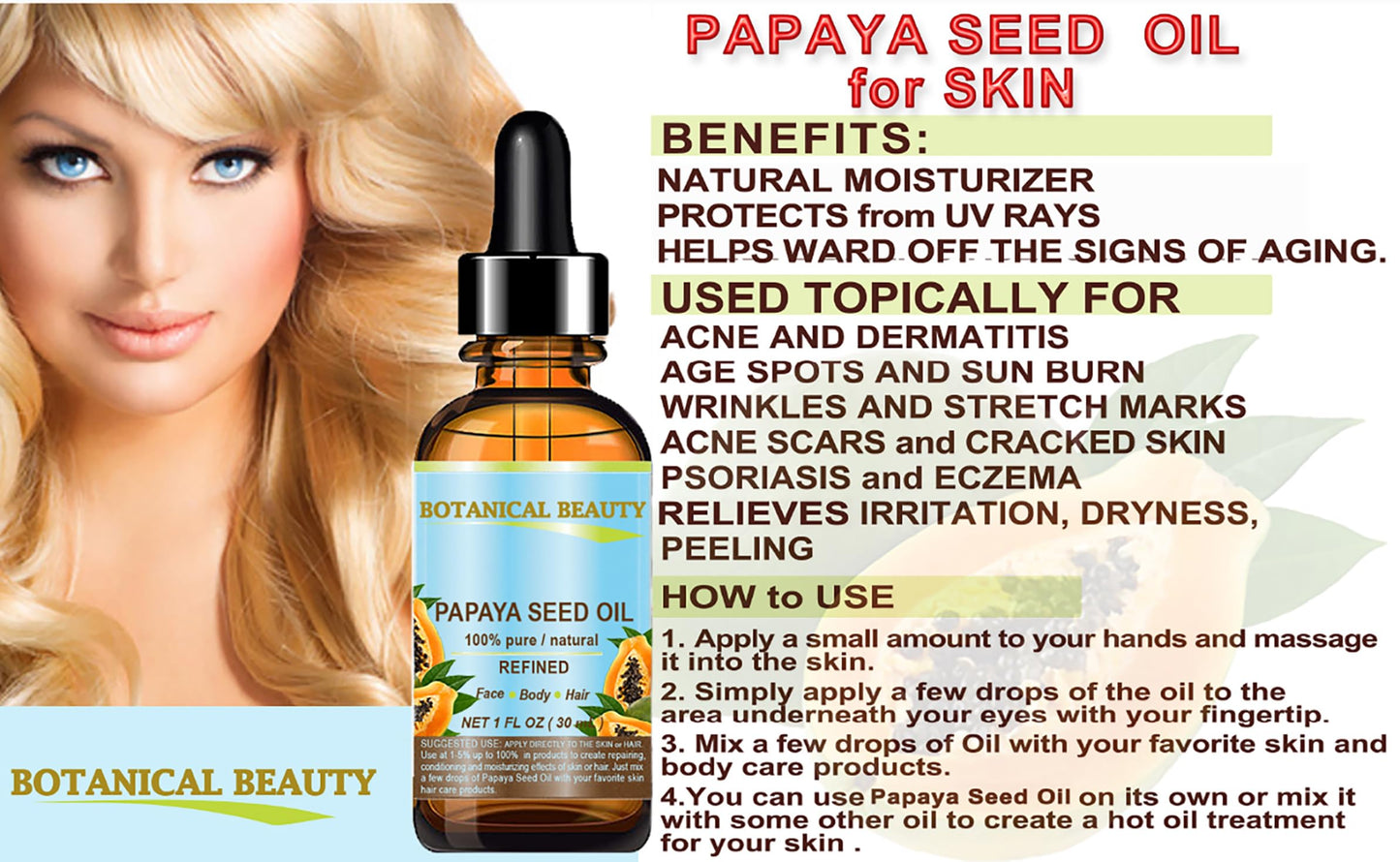 Botanical Beauty PAPAYA SEED OIL 100% Pure Natural Undiluted Refined Cold Pressed Carrier Oil. 2 Fl.oz.- 60 ml. for Face, Skin, Hair Lip Care, Nails. Rich in Vitamin C