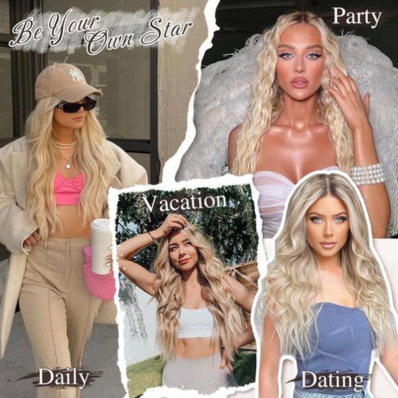 BARSDAR Clip in Hair Extensions - 6PCs Wavy Highlight Clip in Hair Extensions for Women - 16 Inch Full Head Thick Soft Synthetic Clip in Hairpieces Daily - Golden Blonde with Highlights