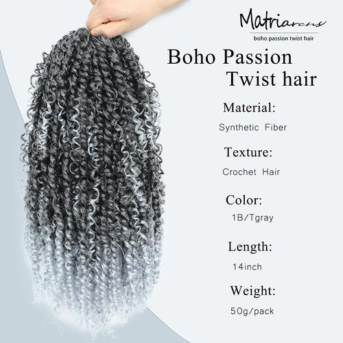 Passion Twist Hair 14inch Boho Passion Twist Crochet Hair For Black Women Pretwisted boho Passion Twist Crochet Hair, Pre Looped Curly Ends Bohemian Crochet Braids For Women（1b/gray,14inch,7 Packs）