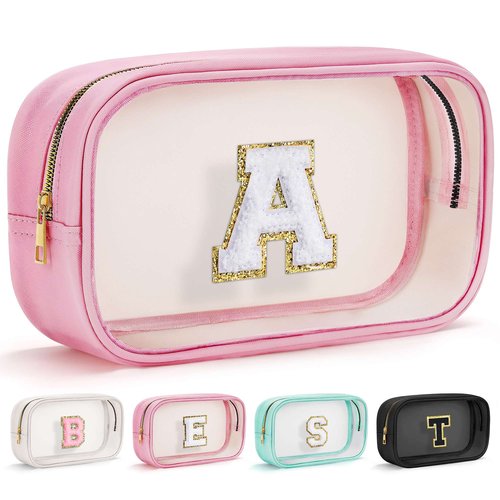 YOOLIFE Initial Clear Makeup Bag Make Up Bag Travel Toiletry Bag Preppy Cosmetic Bags Organizer Travel Essentials Pink Gifts for Women Teen Girlfriend Teacher Mom Brithday Gifts Clear Toiletry Bag A