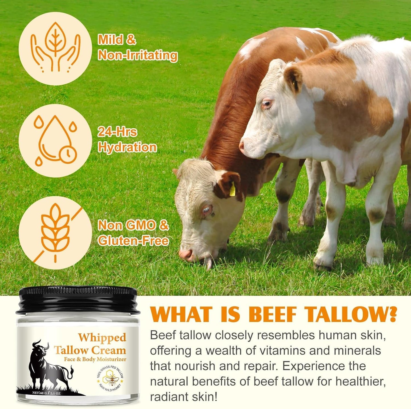 Cebo de Res para la Cara Original, Sebo de Res para la Cara, Bálsamo de Sebo de Vacuno Ecológico Alimentado Con Pasto para Una Piel Tersa Hidratante Totalmente Natural, 2.1oz/60g
