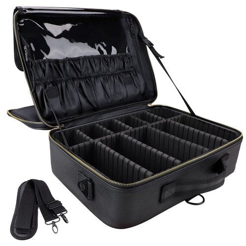 Makeup Case Travel 3 Layers Makeup Train Case Organizer Cosmetic Bag Portable Makeup Storage for Women Bags with Adjustable Dividers and Shoulder Strap for Toiletry Travel Accessories(Black, L)