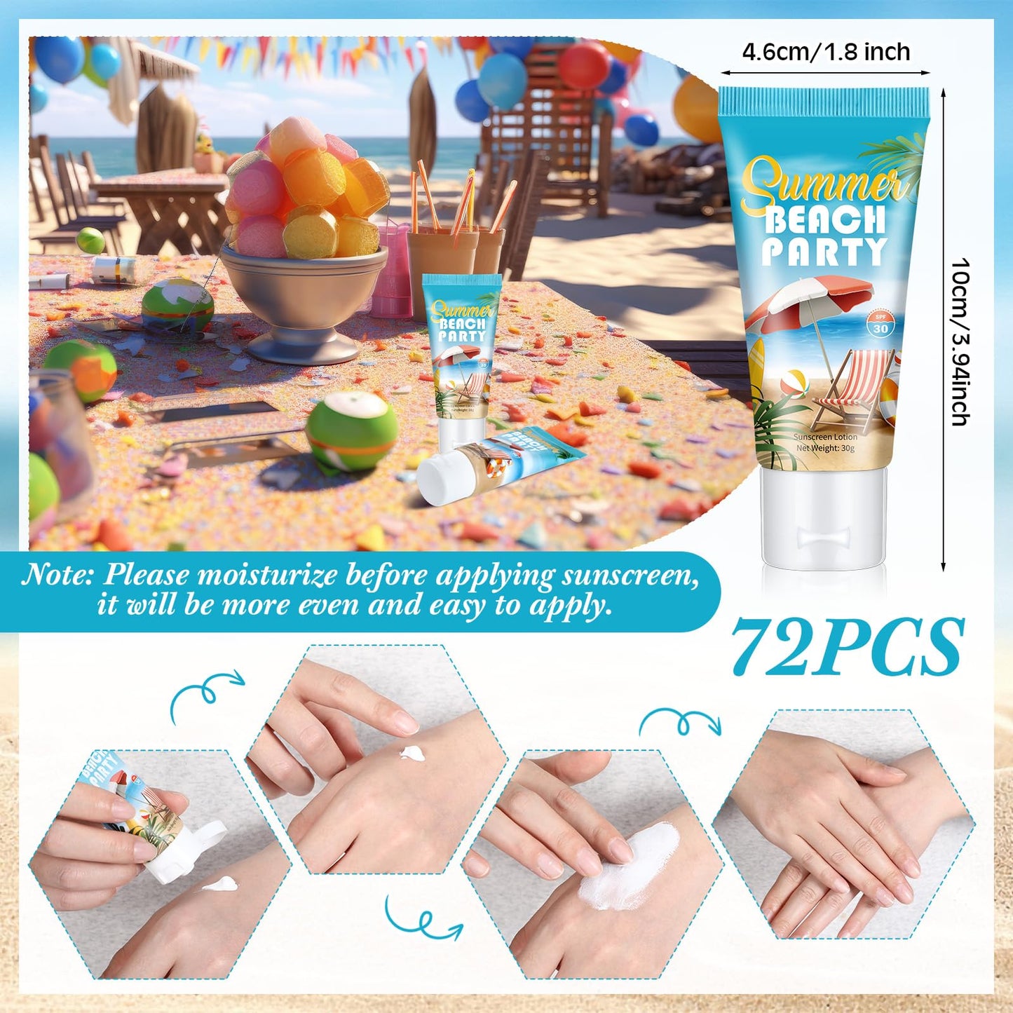Dansib 72 Pcs Mini Sunscreen Bulk for Summer Party Wedding SPF 30 Water Resistant Sunscreen Lotion Bulk 1oz Travel Size for Thank You Gifts Wedding Supplies (Beach Fiesta)