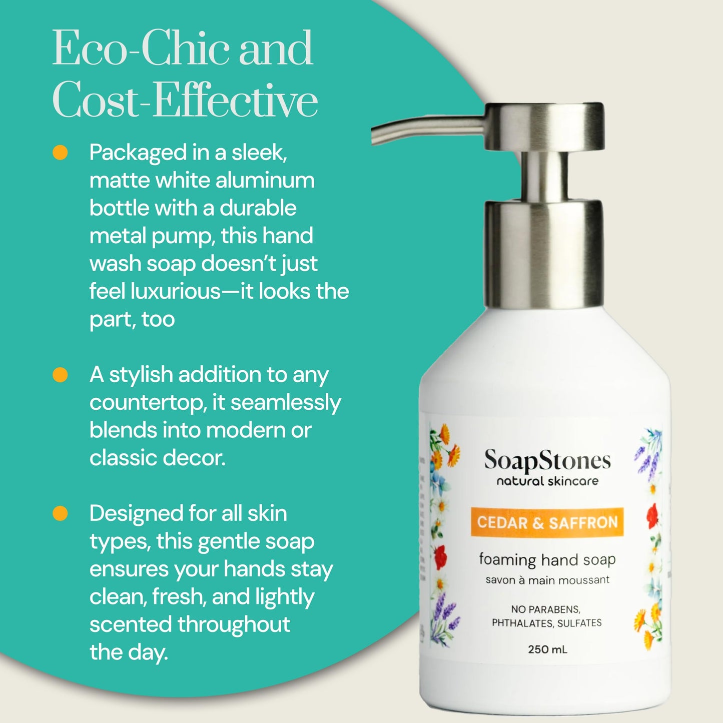 Soapstones Natural Skincare Foaming Hand Soap - 250 mL - Moisturizing, Soft and Hydrating Formula (Cedar & Saffron)
