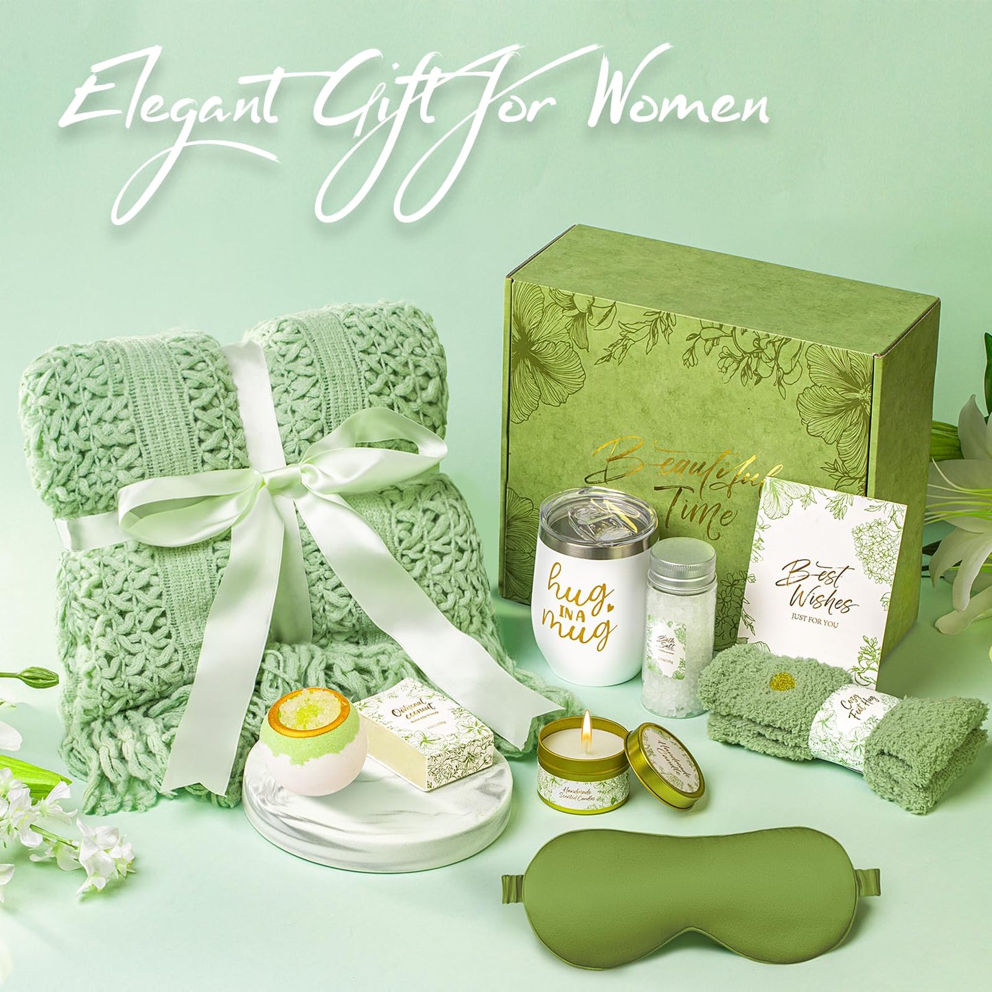 Gift Basket for Women, Self Care Set with Knitted Throw - Care Pkg - Green