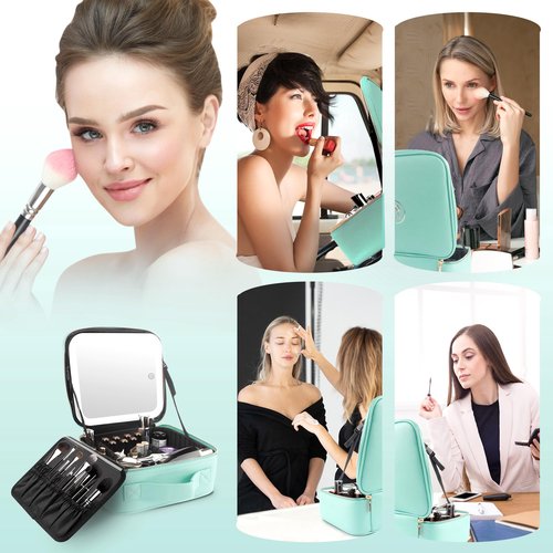 MOMIRA Travel Makeup Bag Cosmetic Bag Makeup Organizer Bag with Large Lighted Mirror 3 Color Scenarios Adjustable Brightness, Waterproof Makeup Travel Case, Large Makeup Train Case Toiletry Gift